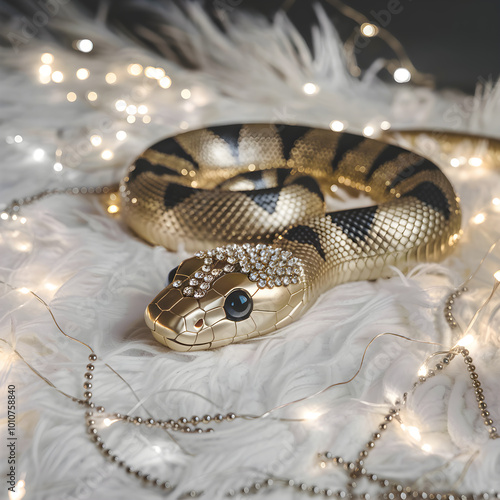 A luxurious golden snake with rhinestones on its head lies on a luxurious white fluffy background decorated with a delicate small garland.
 photo