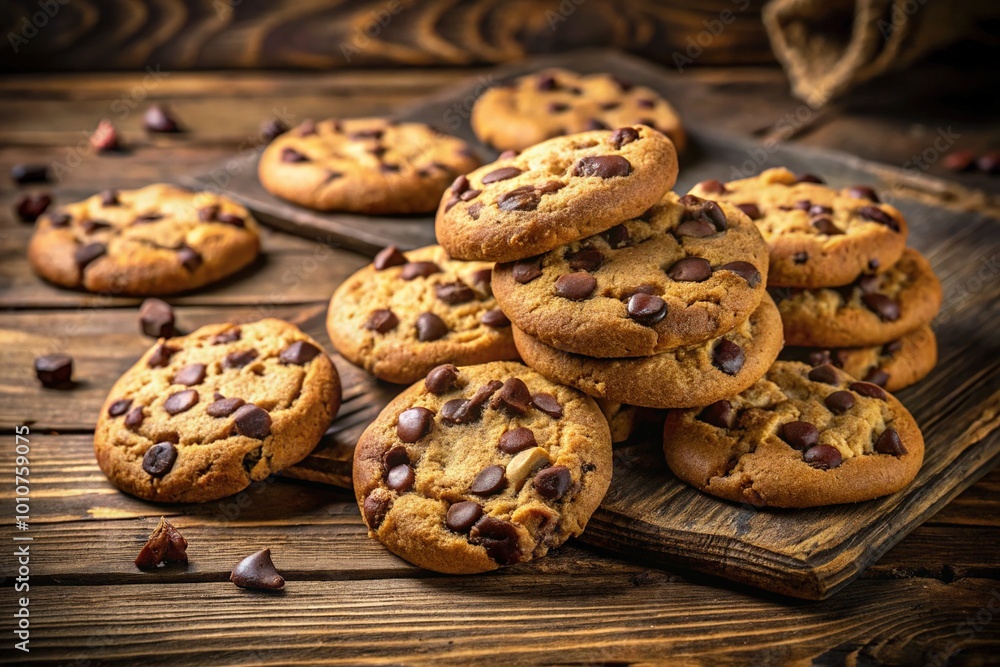 Deliciously warm chocolate chip cookies, just out of the oven, rest on a rustic wooden table—ideal for dessert and snack enthusiasts craving a delightful indulgence. Deliciously warm chocolate chip cookies, just out of the oven, rest on a rustic wooden table—ideal for dessert and snack enthusiasts craving a delightful indulgence.