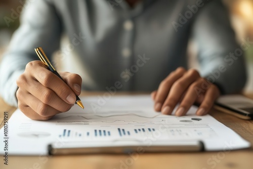 A close-up of a person analyzing data on paper, emphasizing productivity and focus in a work environment.