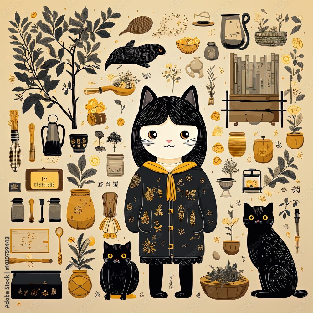 Εκτύπωση καμβά A Series of Adorable Asian-Style Cats and Decorative Items in Cute Design