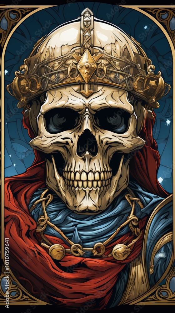Fototapeta premium Medieval Skeleton Warrior in Armor as an Eerie Tarot Card Illustration