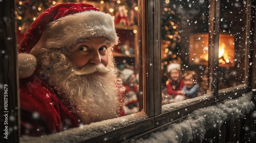 Santa in his red suit gazes through a snowy window at joyful kids and a cozy, festive room.