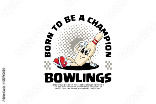 funny bowling pin retro cartoon character mascot illustration with lie down, looking, monitoring pose for bowling sport mascot and merchandise