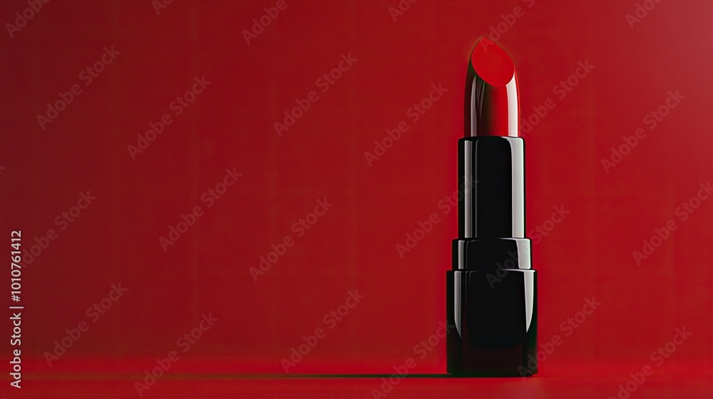 A single, red lipstick tube stands on a red background, against a bright white light. A single, red lipstick tube stands on a red background, against a bright white light.