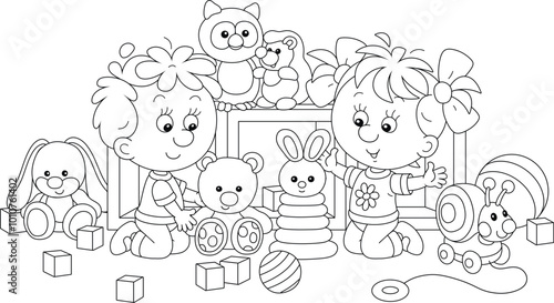 Happy little boy and girl playing with funny toys in their nursery, black and white vector illustration in a cartoon style for a coloring book