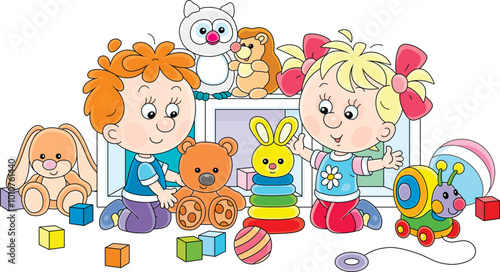 Happy little boy and girl playing with funny colorful toys in their nursery, vector cartoon illustration on a white background