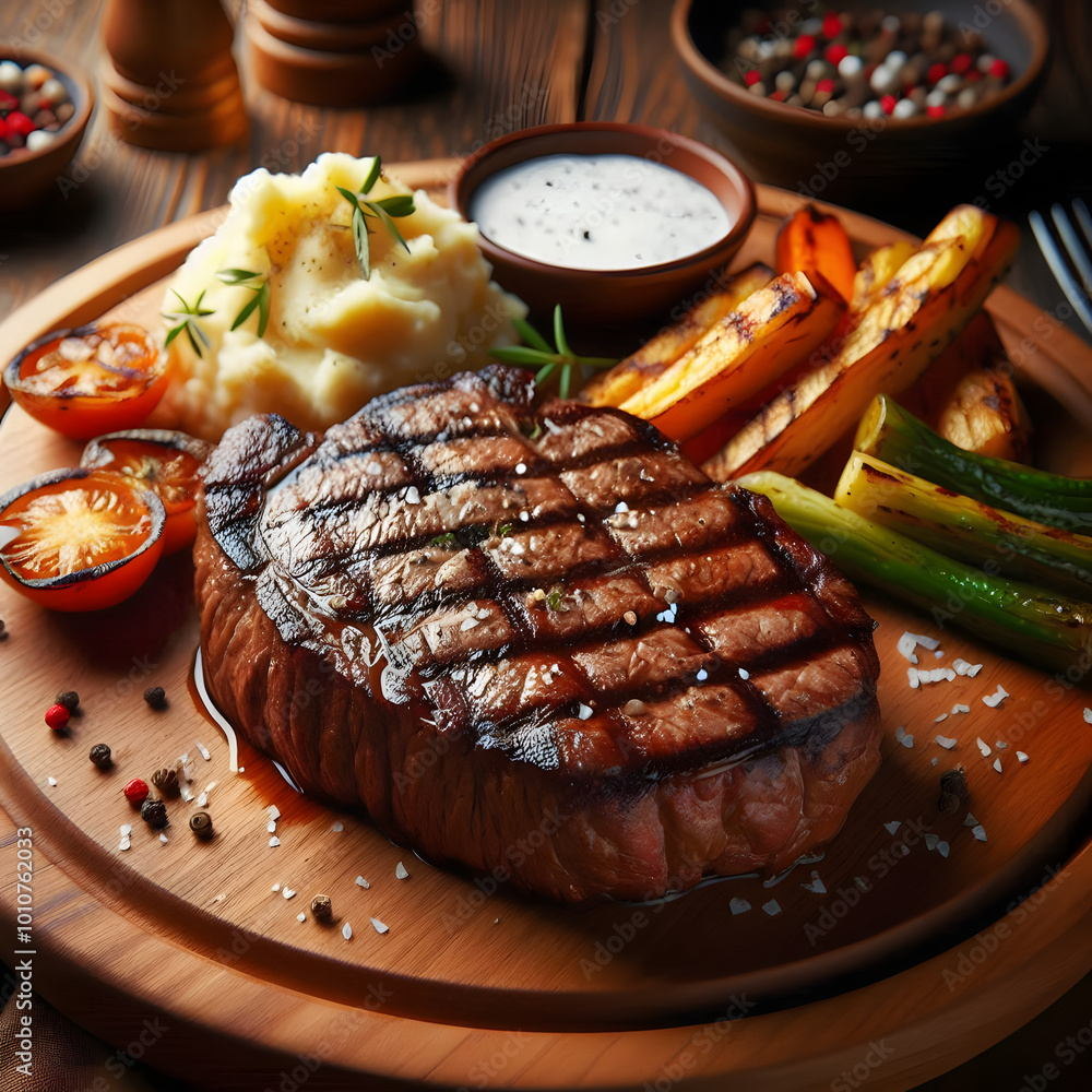 saftig gebratenes steak mit kartoffelbrei röstkartoffeln und geröstetem ...