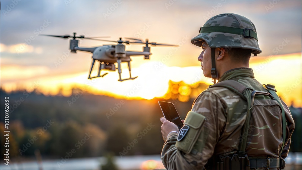Soldier Operating Drone for Military Combat or Scouting Operation Soldier Operating Drone for Military Combat or Scouting Operation