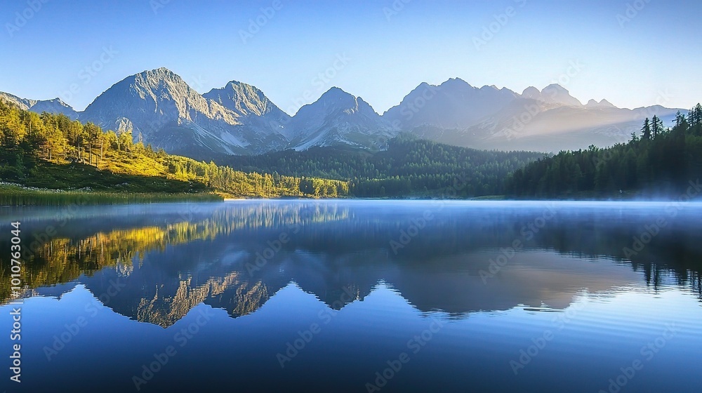 Tranquil Lake Surrounded by Majestic Mountains at Sunrise Tranquil Lake Surrounded by Majestic Mountains at Sunrise