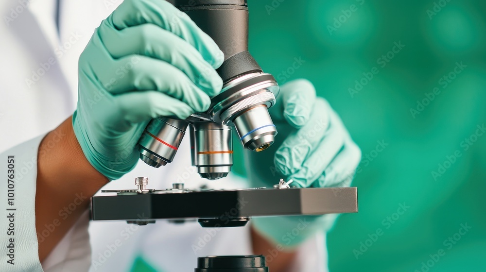 A scientist adjusts the microscope lenses while wearing green gloves in a lab setting, illustrating research and discovery.