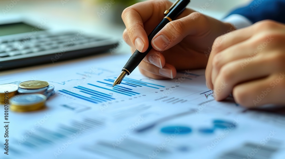 A close-up of hands analyzing financial data, with graphs, coins, and a calculator on a desk, symbolizing business insights. A close-up of hands analyzing financial data, with graphs, coins, and a calculator on a desk, symbolizing business insights.