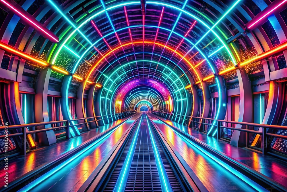 Experience a futuristic neon tunnel alive with vibrant light trails and symmetrical patterns, all generated by AI, for a stunning visual journey. Experience a futuristic neon tunnel alive with vibrant light trails and symmetrical patterns, all generated by AI, for a stunning visual journey.