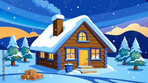 Illustrated winter cabin scene