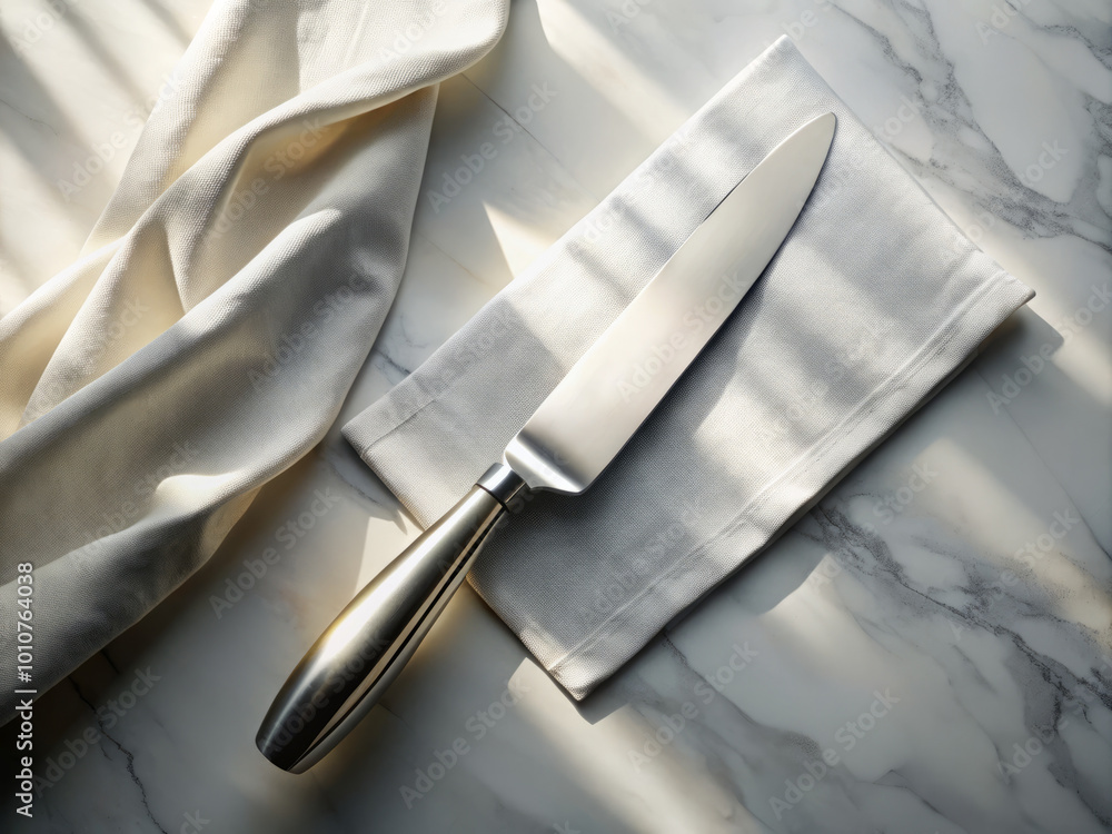Naklejka premium Elegant simplicity of stainless steel knife resting on pristine white cloth, illuminated by soft natural light, creating serene and sophisticated atmosphere