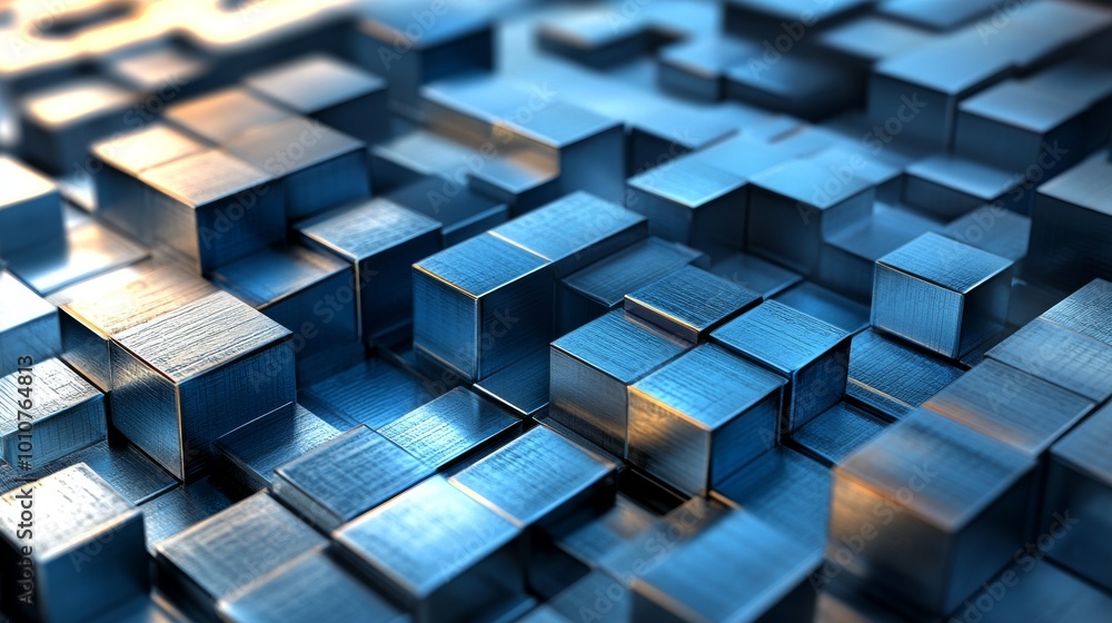 A 3D image shows blocks of blue metal, some dark and some light, stacked and rising. The blocks represent the gathering of information and knowledge, symbolizing big data and artificial intelligence. A 3D image shows blocks of blue metal, some dark and some light, stacked and rising. The blocks represent the gathering of information and knowledge, symbolizing big data and artificial intelligence.