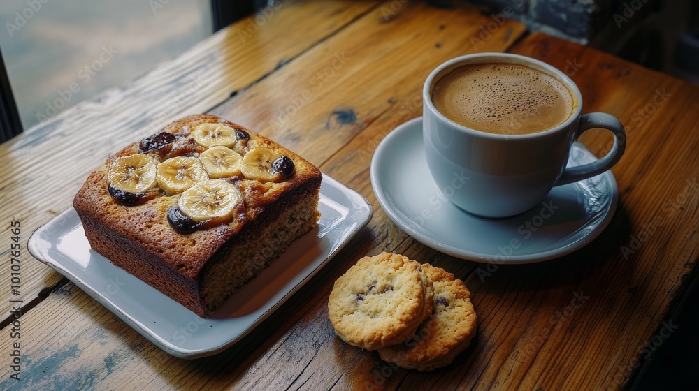 A banana cake and a biscuit sit beside a coffee cup on a wooden table. A banana cake and a biscuit sit beside a coffee cup on a wooden table.