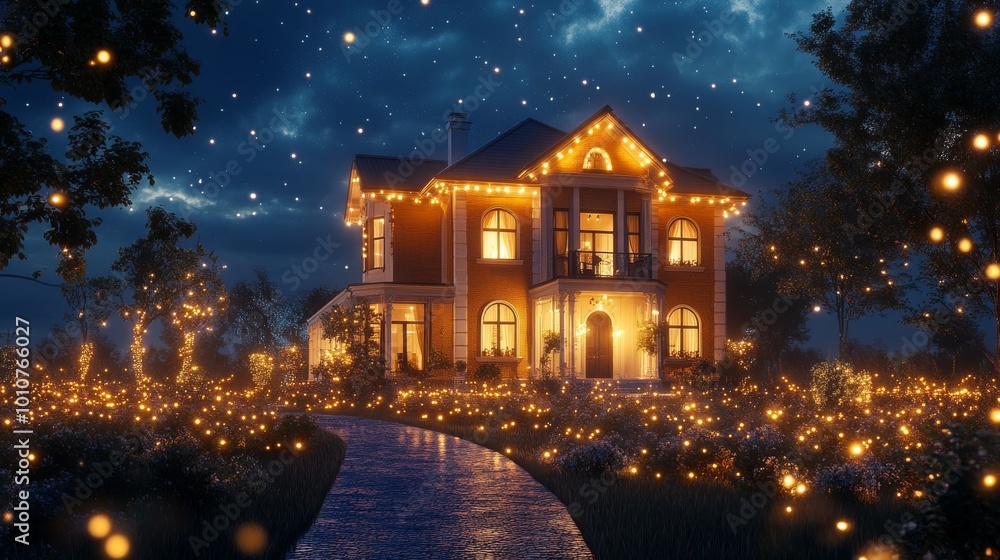 A beautiful house , lit up with sparkling lights at night. A beautiful house , lit up with sparkling lights at night.