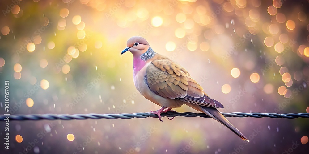In a gentle mist, a peaceful dove sits perched on wires, embodying nature's tranquility and beauty, evoking a sense of calm and serenity. In a gentle mist, a peaceful dove sits perched on wires, embodying nature's tranquility and beauty, evoking a sense of calm and serenity.