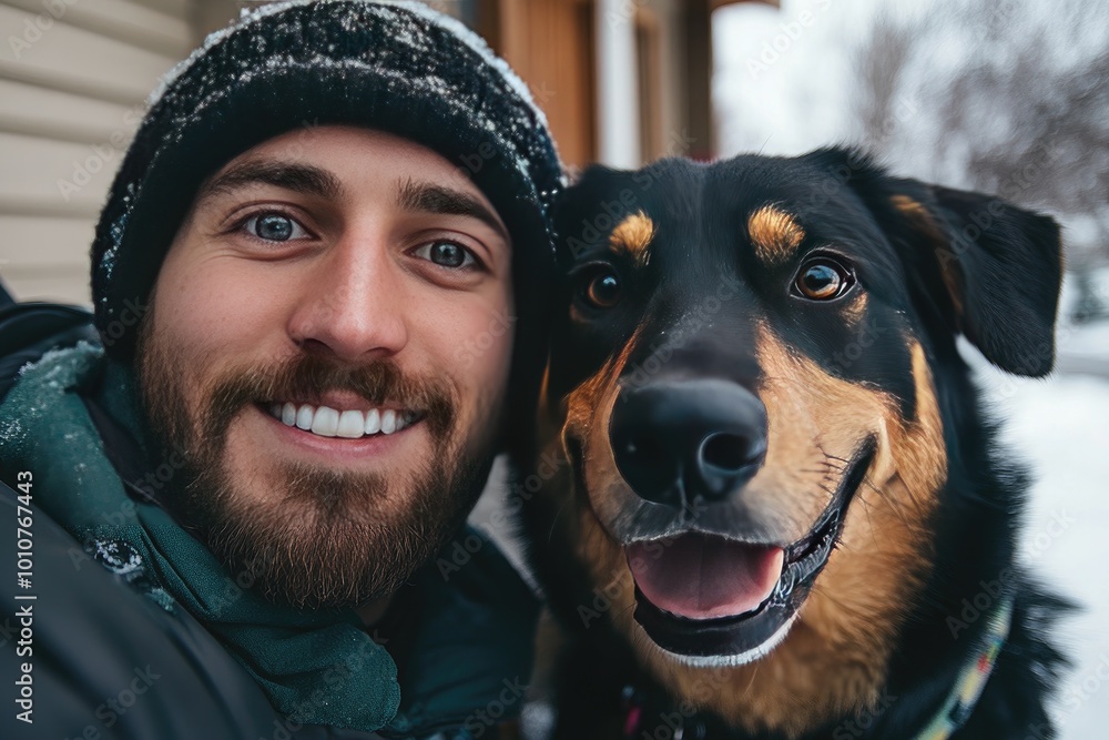 Fototapeta premium A man and his dog smile for a selfie. Perfect for pet, love, and friendship themes.