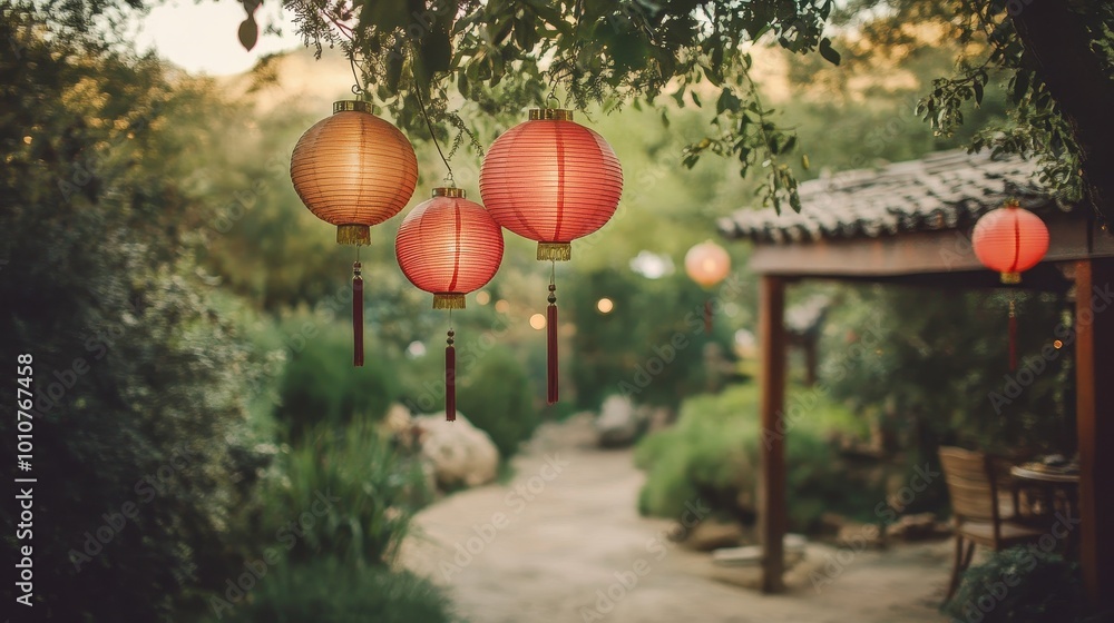 Enchanting Garden Oasis with Vibrant Lanterns Enchanting Garden Oasis with Vibrant Lanterns