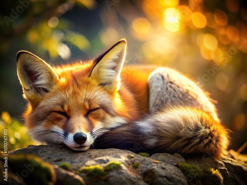 In a serene natural setting, a cozy fox sleeps soundly. Its soft fur catches the sunlight while its peaceful expression suggests deep, dream-filled slumber.