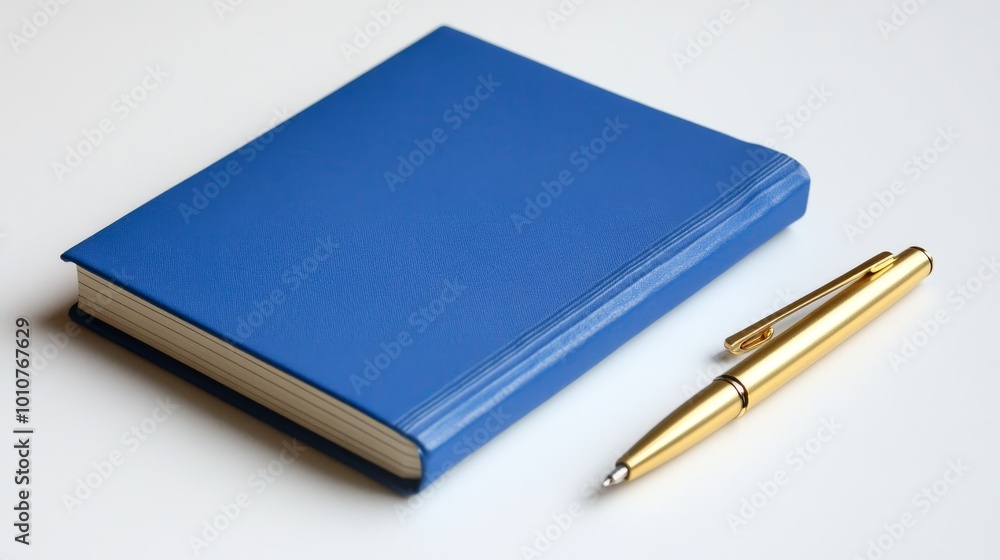 A blue notebook sits on a white surface next to a gold pen. These are common tools for business tasks. A blue notebook sits on a white surface next to a gold pen. These are common tools for business tasks.
