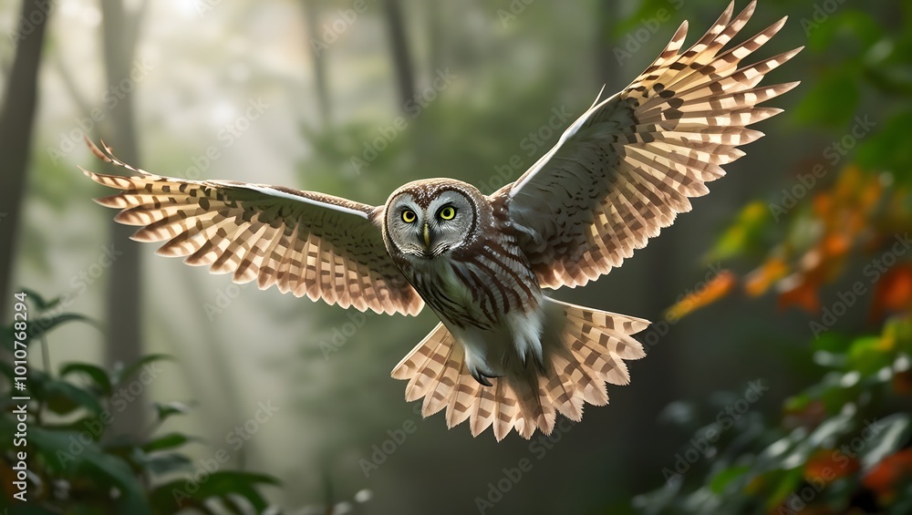 Obraz premium Flying little owl in mid-flight with wings fully spread, sharp-eyed owl soaring through a forest, photography of wild bird of prey in its natural