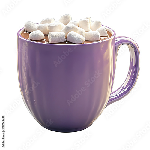 Purple mug filled with hot chocolate and marshmallows, white isolated background.