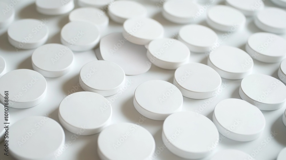 A bunch of white, round stickers are shown on a white table, like a 3D picture. A bunch of white, round stickers are shown on a white table, like a 3D picture.