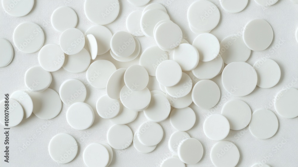 A bunch of white, round stickers are shown on a white table, like a 3D picture. A bunch of white, round stickers are shown on a white table, like a 3D picture.