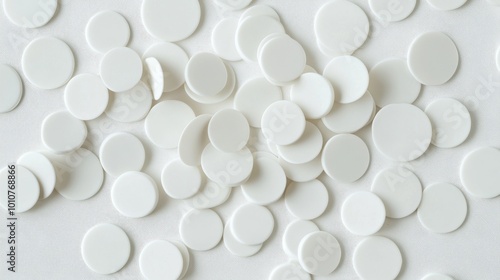 A bunch of white, round stickers are shown on a white table, like a 3D picture.