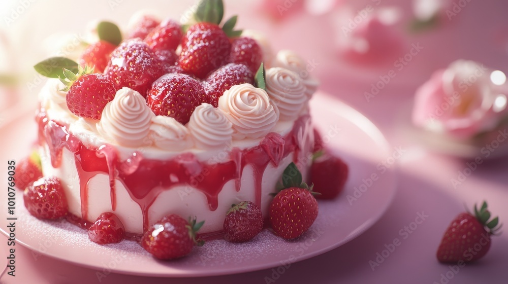 A cake topped with rose and strawberry jam. A cake topped with rose and strawberry jam.