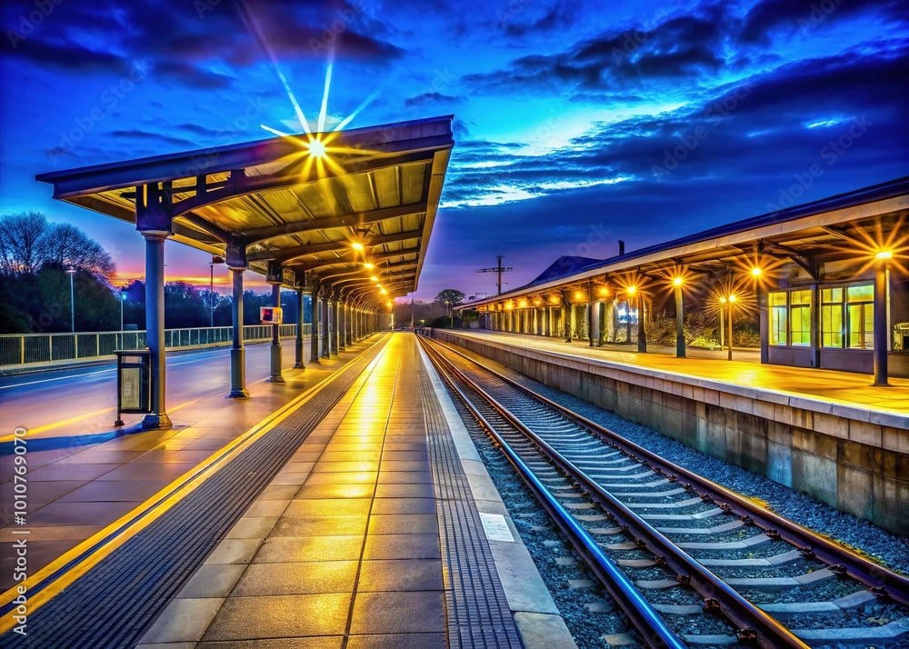 In the stillness of night, a tranquil train station radiates calming, blurred lights, while empty platforms whisper solitude, inviting a moment of quiet reflection. In the stillness of night, a tranquil train station radiates calming, blurred lights, while empty platforms whisper solitude, inviting a moment of quiet reflection.