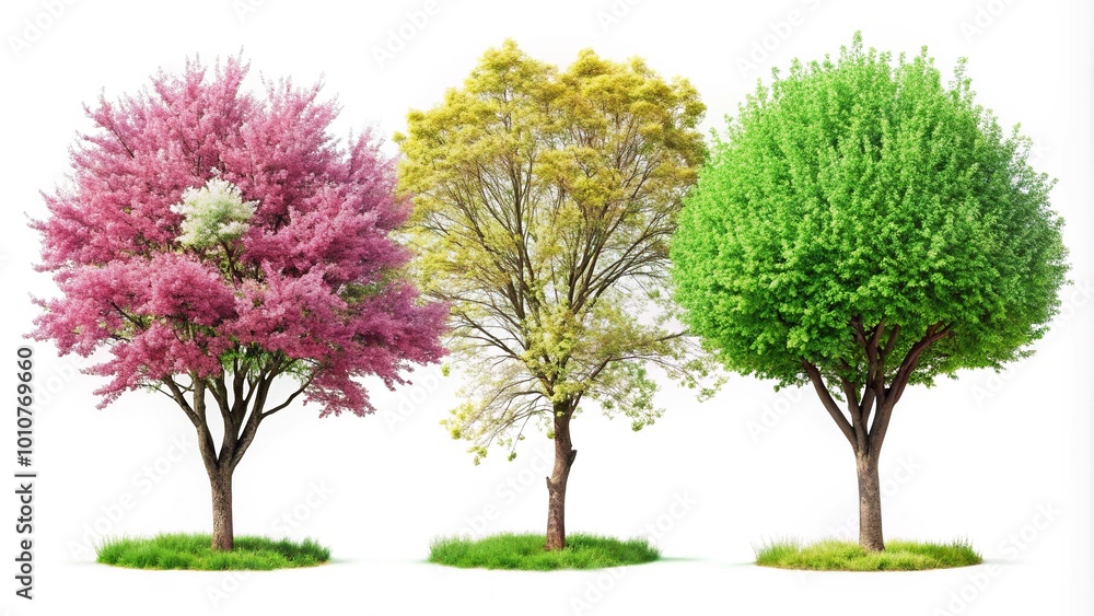 Fototapeta premium Isolated on a white background, four unique trees flourish with colorful blooms and abundant green leaves, bringing a refreshing touch of nature and vibrancy.