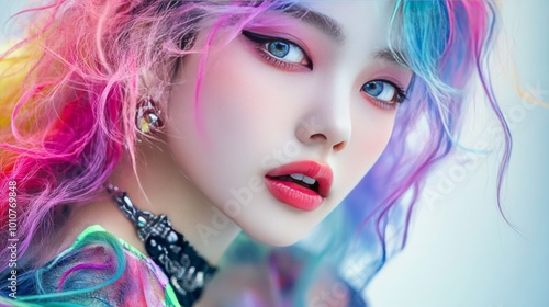 Close-up portrait of a young woman with colorful hair and makeup.