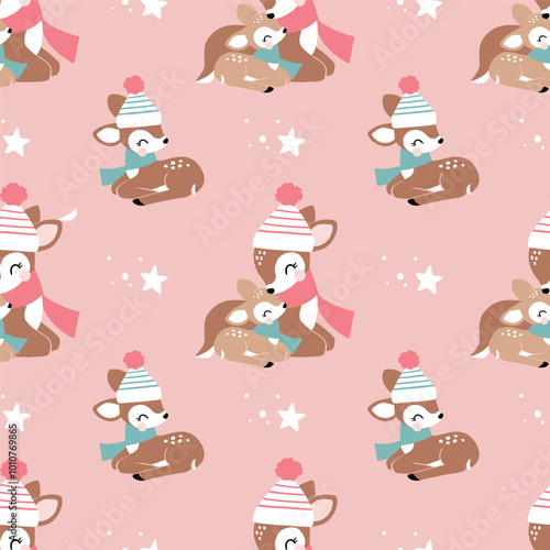 Seamless vector pattern with young cute deer and stars. Hand drawn winter fawn. Perfect for textile, wallpaper or nursery print design. EPS10 vector file.