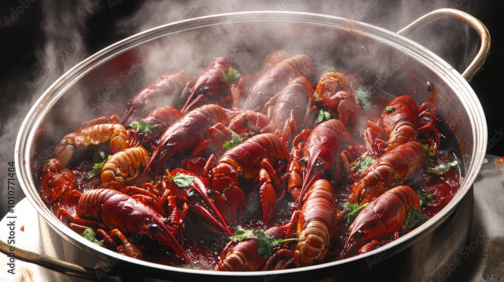 Sichuan-style crawfish in a hot pot with steaming red sauce, garnished with green leaves. High-quality photography showcasing an appetizing seafood delicacy in a stainless steel bowl Sichuan-style crawfish in a hot pot with steaming red sauce, garnished with green leaves. High-quality photography showcasing an appetizing seafood delicacy in a stainless steel bowl