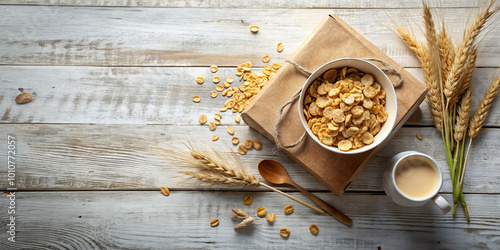 rustic country morning mood is captured in this overhead view of bowl of cereal, surrounded by wheat and cup of milk. distressed wooden background adds warmth and charm