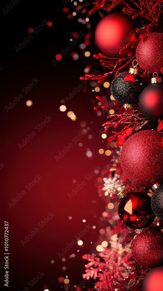 Elegant red and black Christmas background featuring glowing ornaments and festive decorations, creating warm and joyful atmosphere for holiday season Elegant red and black Christmas background featuring glowing ornaments and festive decorations, creating warm and joyful atmosphere for holiday season