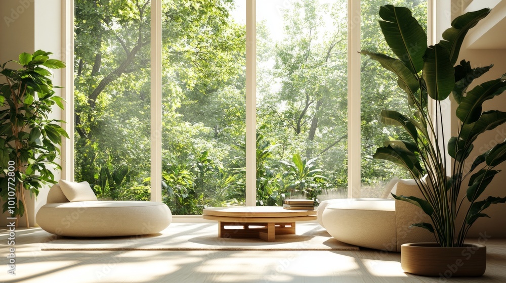 Minimalist living room with large windows, neutral furniture, and a vibrant green plant. Bright and airy interior. 3D Rendering. Minimalist living room with large windows, neutral furniture, and a vibrant green plant. Bright and airy interior. 3D Rendering.
