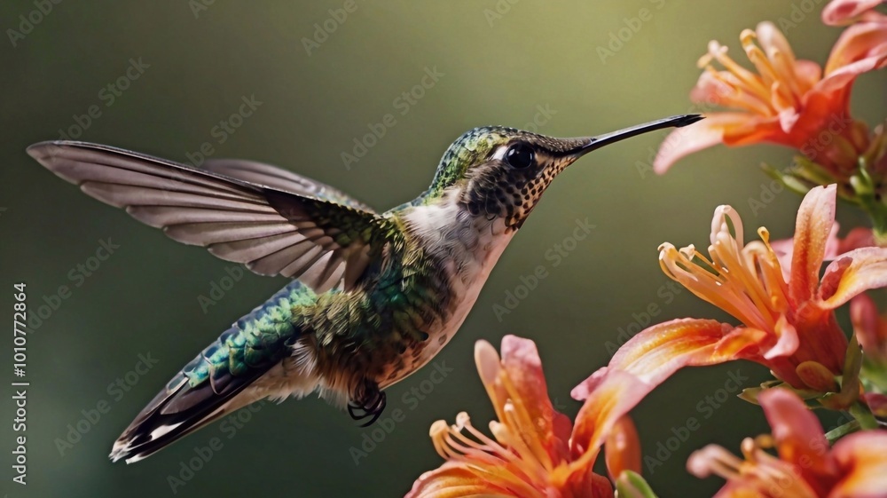 Fototapeta premium Close-up of a hummingbird pollinating a flower, vivid color texture and detail, in nature, soft natural lighting, arm-up angle, detailed photography style.