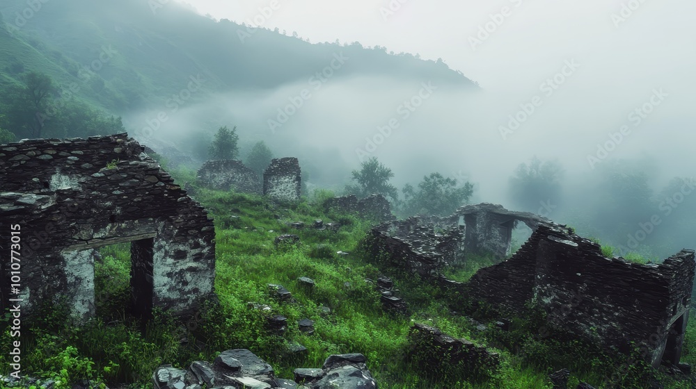 Misty ruins surrounded by lush greenery, evoking a sense of mystery and nature's reclaiming. Misty ruins surrounded by lush greenery, evoking a sense of mystery and nature's reclaiming.