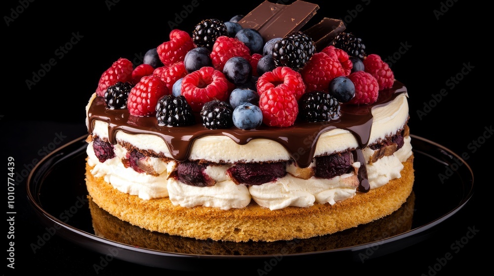 A delicious biscuit cake layered with creamy cheesecake and topped with chocolate and fresh berries. The cake sits on a black background, highlighting its rich flavors and beautiful presentation. A delicious biscuit cake layered with creamy cheesecake and topped with chocolate and fresh berries. The cake sits on a black background, highlighting its rich flavors and beautiful presentation.