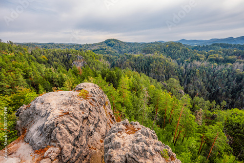 Hiking to Maria or Mariina skala wooden viewpoint built on a rock. It offers a beautiful view of the town of Jetrichovice in Bohemian Switzerland photo