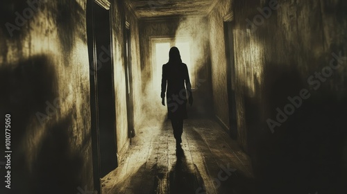 Eerie Corridor: A Shadow Looms in the Dimly Lit Passageway