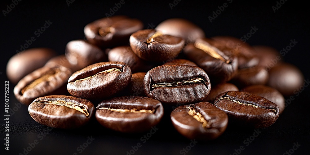 Aromatic Roasted Coffee Beans Close-Up on Matte Black Background with Rich Texture and Deep Brown Color Aromatic Roasted Coffee Beans Close-Up on Matte Black Background with Rich Texture and Deep Brown Color