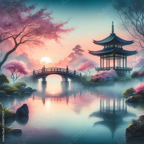 serene japanese garden at twilight with a misty pagoda silhouette cherry blossoms and a arched bridge reflected in a tranquil koi pond rendered in soft watercolors.