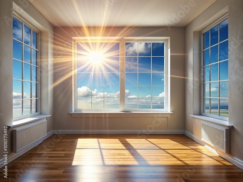 Sun-kissed  spacious room with a window showcasing gentle sun rays. This serene 3D illustration offers inspiration for interior design and promotes relaxation.