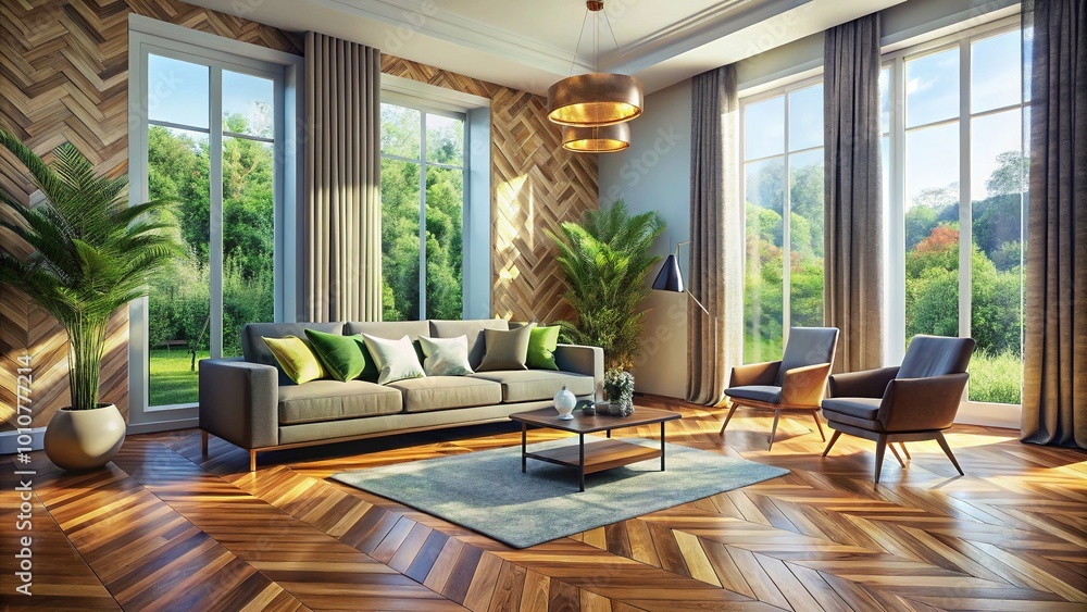 The refined herringbone wood floor transforms the modern living room, enhancing its aesthetic appeal and creating a harmonious blend of style and comfort. The refined herringbone wood floor transforms the modern living room, enhancing its aesthetic appeal and creating a harmonious blend of style and comfort.