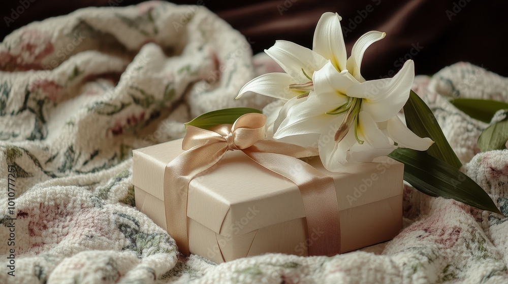 Cozy Gift Box with Elegant Lilies on Floral Blanket Cozy Gift Box with Elegant Lilies on Floral Blanket